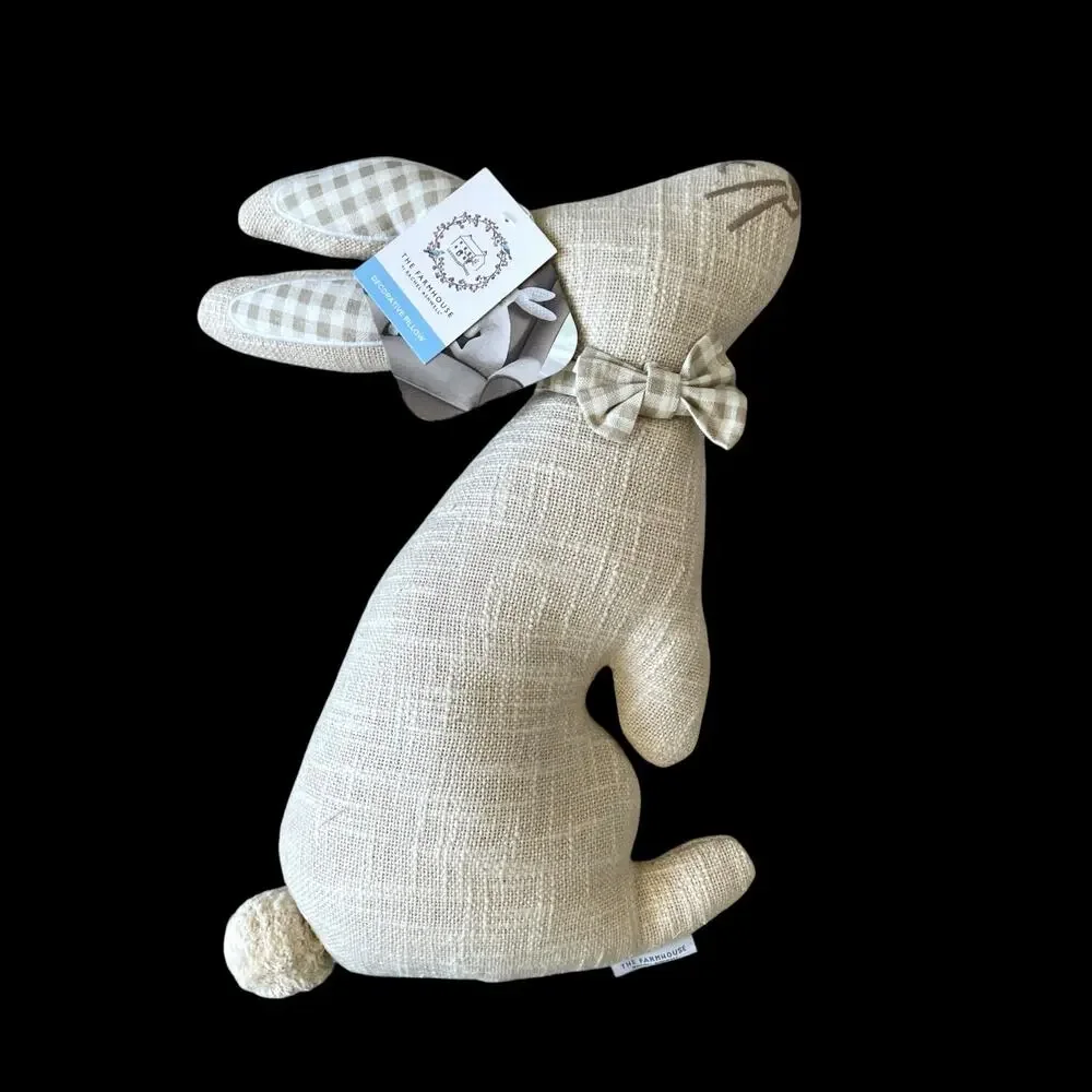 Rachel Ashwell Easter Bunny Rabbit Throw Pillow Beige & White Gingham NEW